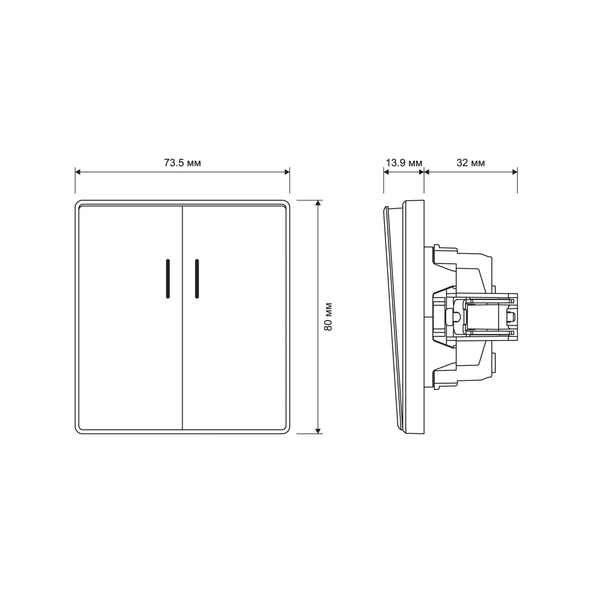 Official VIDEX NOTA product view or dimensions — VF-NT-SW2L-BL, VF-NT-SW2L-BR, VF-NT-SW2L-GR, VF-NT-SW2L-WH