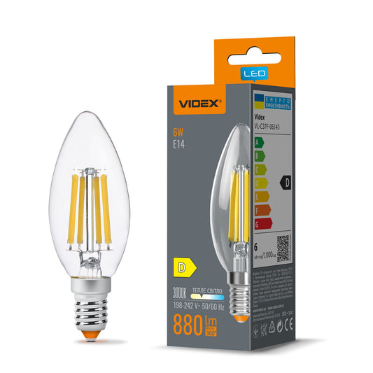 VIDEX C37F 6W E14 3000K filament LED bulb with packaging