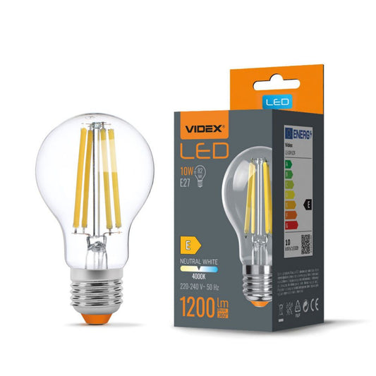 VIDEX A60 LED-hõõgniitpirn 10 W E27, 4000 K – läbipaistev klaas