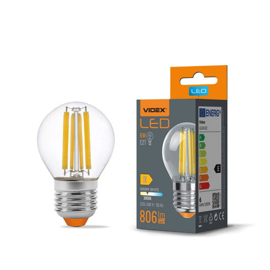 VIDEX G45 LED-hõõgniitpirn 6 W E27, 3000 K – läbipaistev klaas