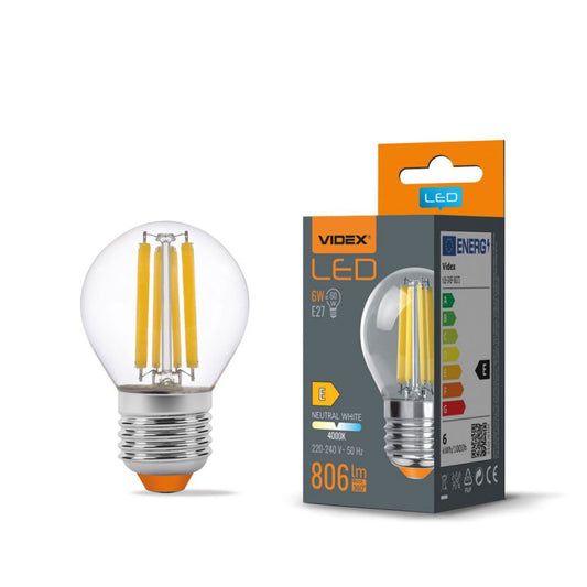 VIDEX G45 LED-hõõgniitpirn 6 W E27, 4000 K – läbipaistev klaas