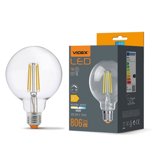 VIDEX G95 hämardatav LED-hõõgniitpirn 7 W E27, 4000 K – läbipaistev klaas