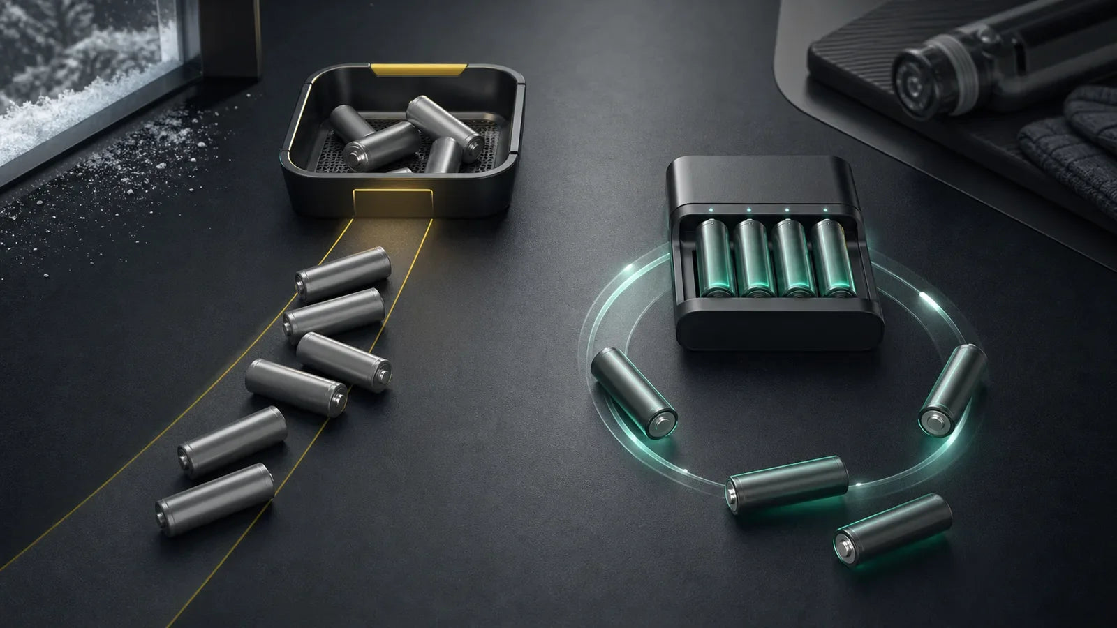 Conceptual comparison of disposable batteries and rechargeable cells cycling through a charger