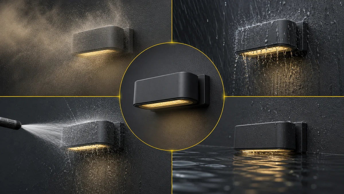 Technical illustration of an outdoor light enclosure exposed to dust, rain, water jets and immersion