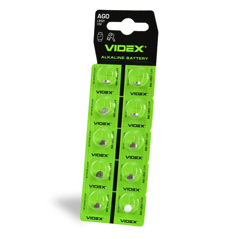 VIDEX AG0/LR521 alkaline button batteries, 1.5 V – 10-pack – official VIDEX image 1