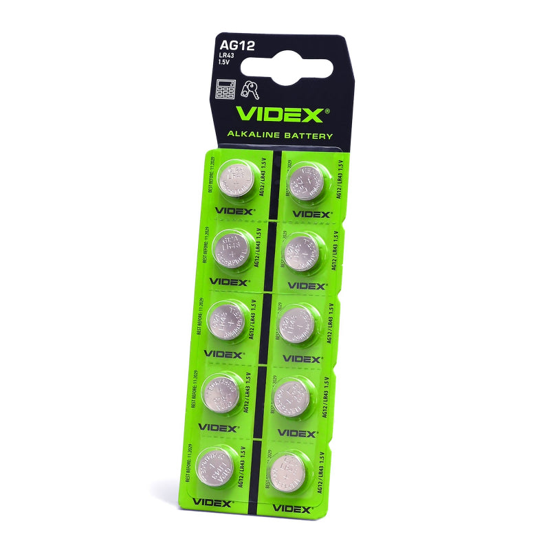VIDEX AG12/LR43 alkaline button batteries, 1.5 V – 10-pack – official VIDEX image 1
