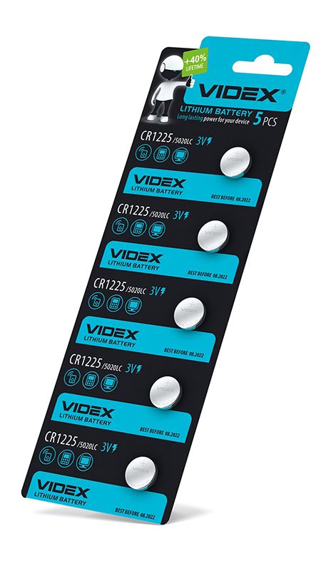 VIDEX CR1225 lithium coin batteries, 3 V – 5-pack – official VIDEX image 1