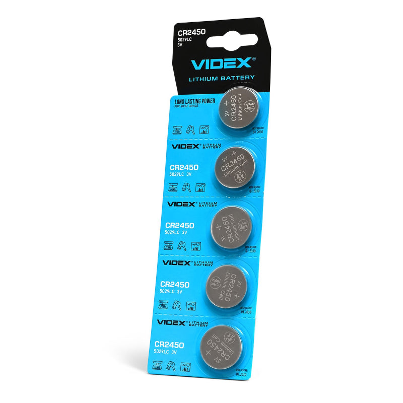 VIDEX CR2450 lithium coin batteries, 3 V – 5-pack – official VIDEX image 1