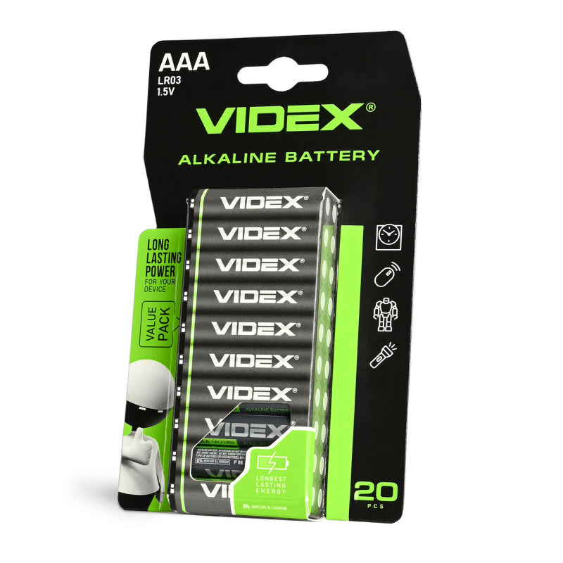 VIDEX LR03/AAA alkaline batteries, 1.5 V – 20-pack – official VIDEX image 1