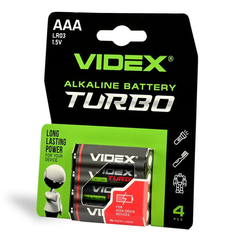 VIDEX LR03T/AAA Turbo alkaline batteries, 1.5 V – 4-pack – official VIDEX image 1