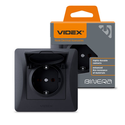 VIDEX BINERA Single schuko socket with cover Black Graphite – image 1