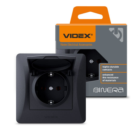 VIDEX BINERA Single schuko socket with cover Black Graphite – image 1