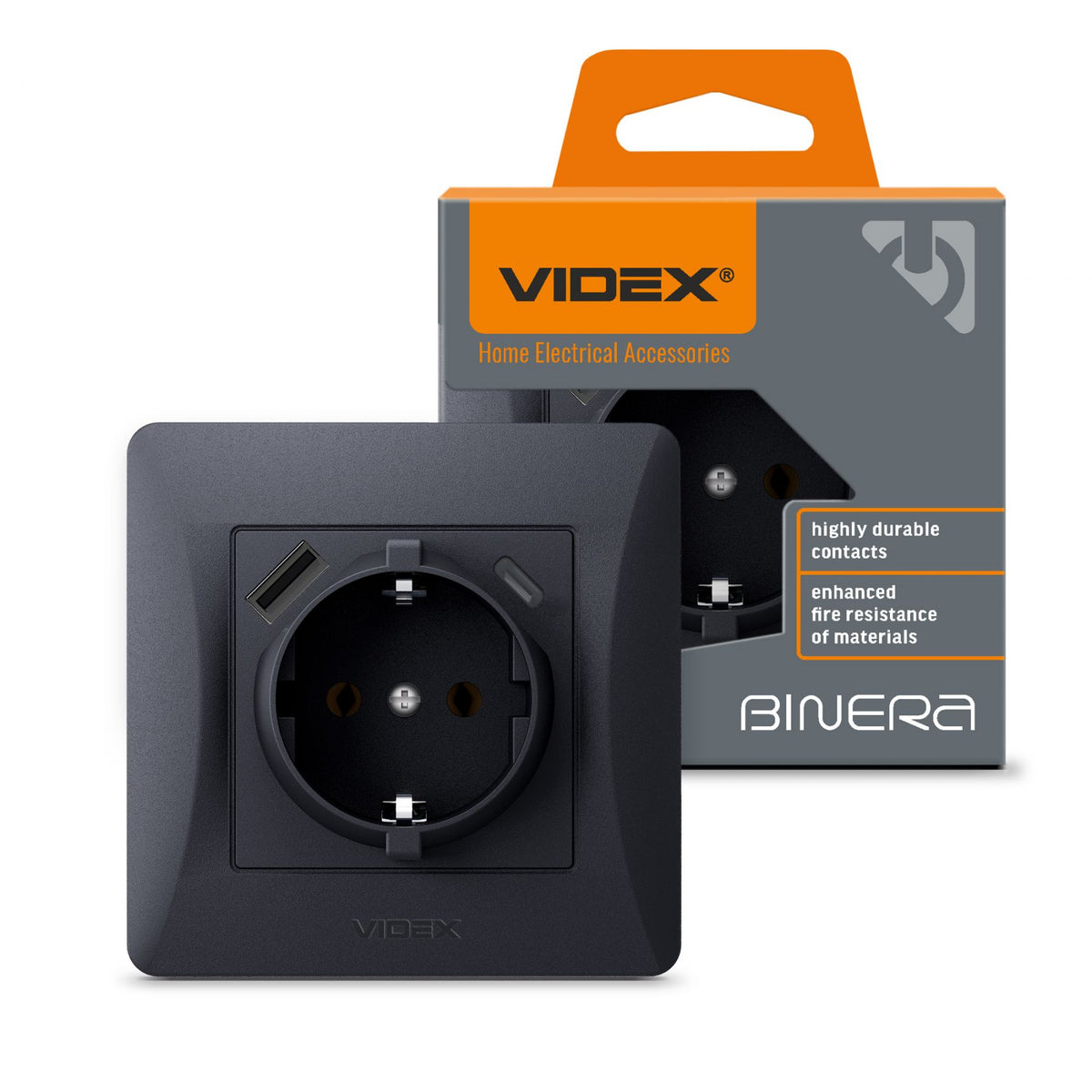 VIDEX BINERA Single schuko socket with USB-A+USB-C Black Graphite – image 1