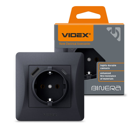 VIDEX BINERA Single schuko socket with USB-A+USB-C Black Graphite – image 1