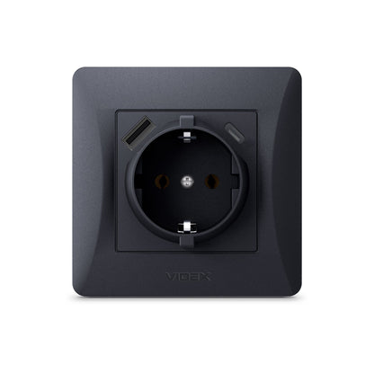 VIDEX BINERA Single schuko socket with USB-A+USB-C Black Graphite – image 2