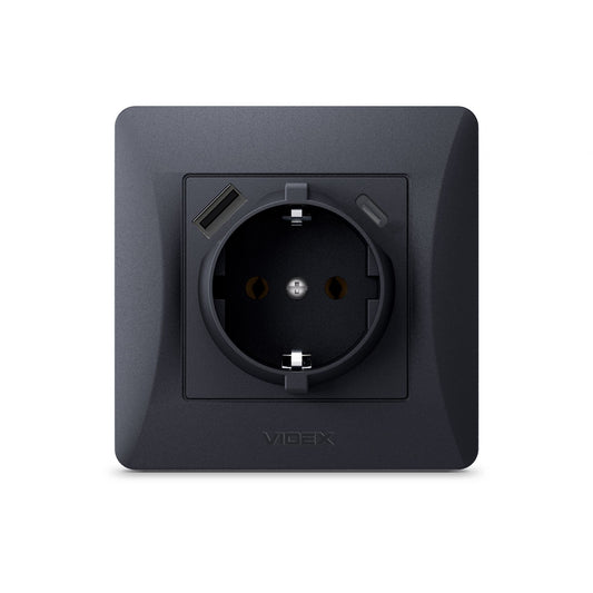 VIDEX BINERA Single schuko socket with USB-A+USB-C Black Graphite – image 2