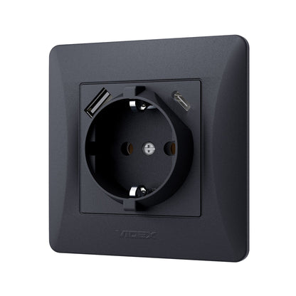 Single schuko socket with USB-A+USB-C black graphite VIDEX BINERA