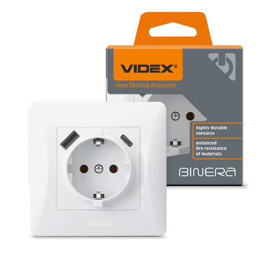 VIDEX BINERA Single schuko socket with USB-A+USB-C White – image 1