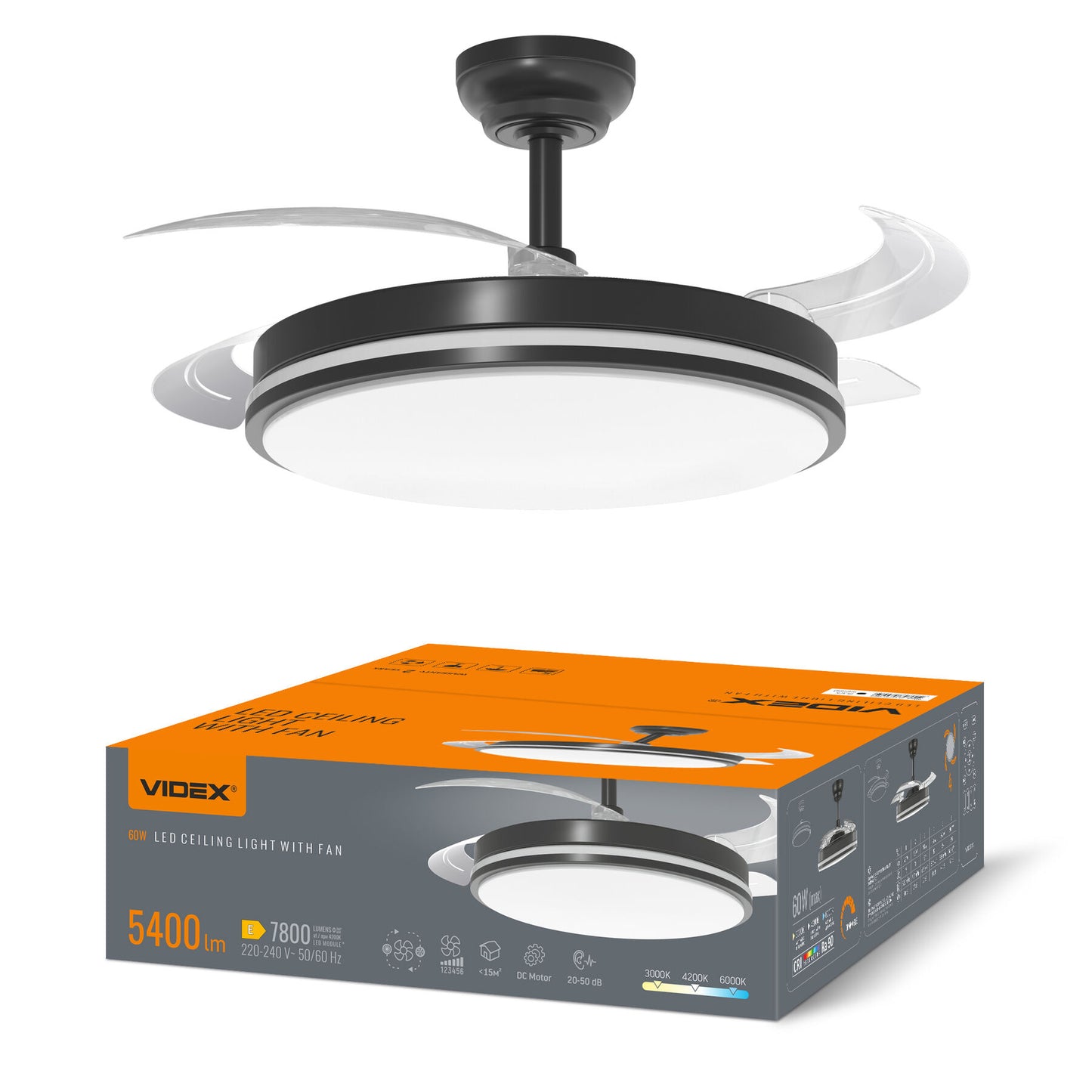 LED Ceiling Light with fan VIDEX CLF01 60W 3000K-4200K-6000K 230V Black Index: VL-CLF01-60CB - image 1