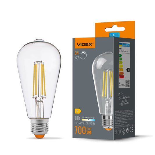 VIDEX ST64FD 6W E27 4100K dimmable filament LED bulb with packaging