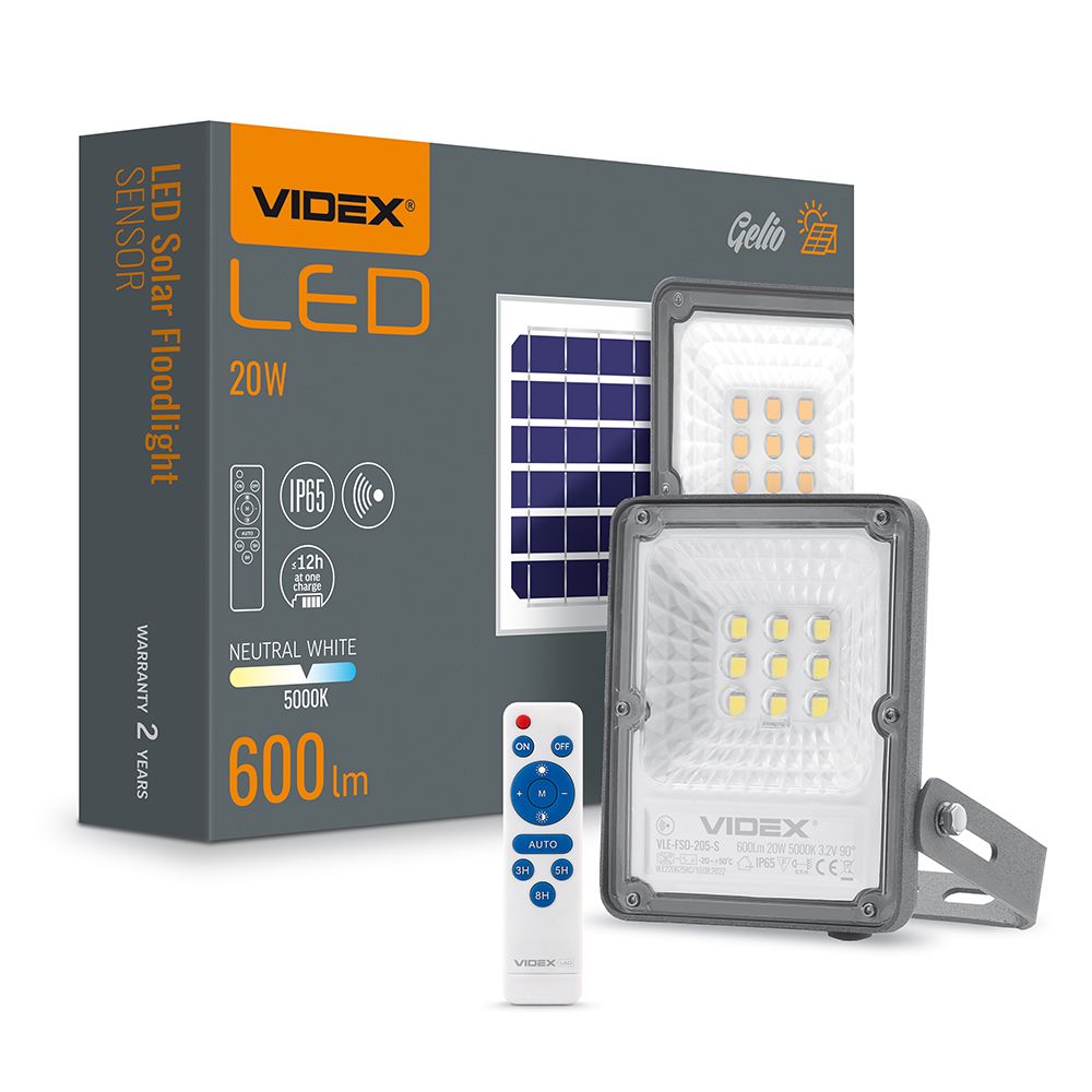 Solar Floodlight VIDEX VLE-FSO-205-S with Motion Sensor, 600 lm, 5000 K - official VIDEX image 1
