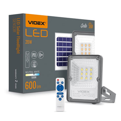 VIDEX VLE-FSO-205-S päikeseenergial töötav prožektor liikumisanduriga, 600 lm, 5000 K